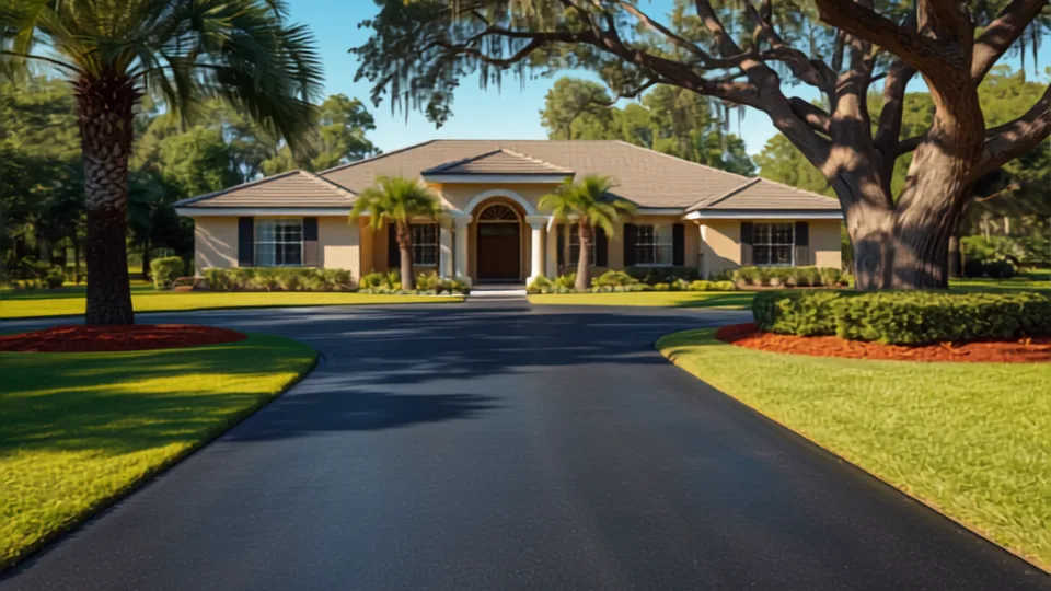 Newly paved asphalt driveway leading to the attached garage of a single-story home