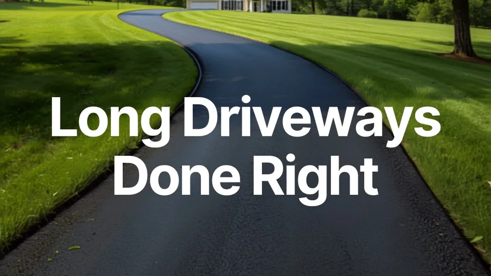 Long private asphalt drive running through open ground to a house set back from the road
