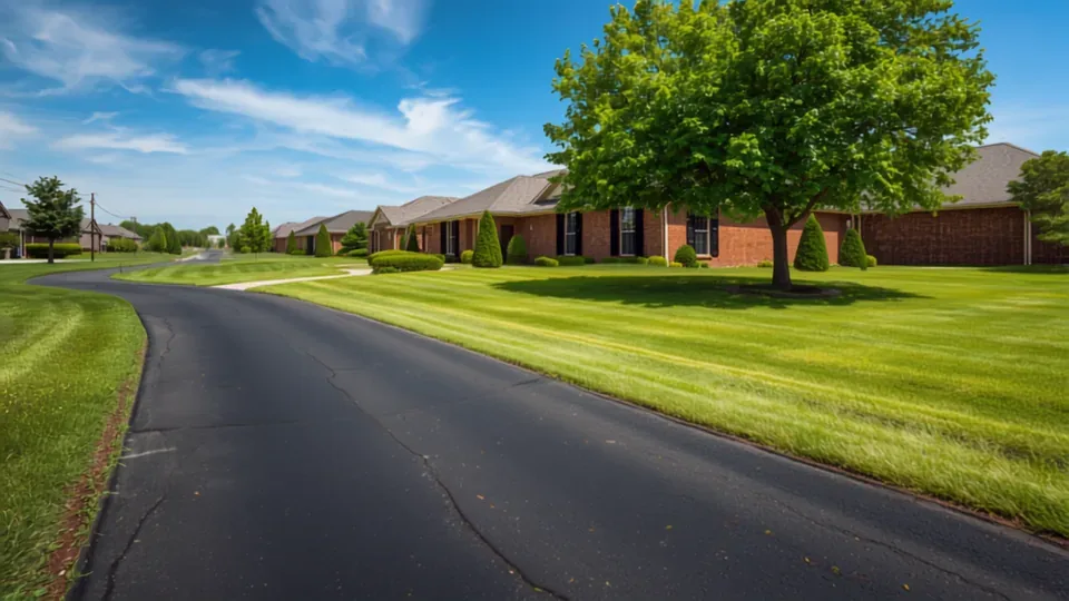 Asphalt street curving past mature shade trees and single-family homes in an established neighborhood