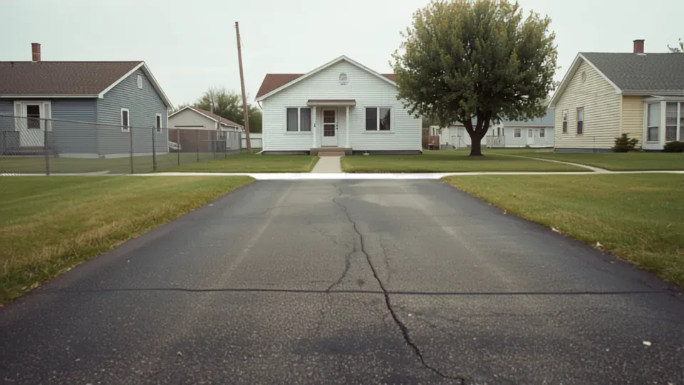 Aging asphalt pavement with a hairline crack in front of a modest frame house