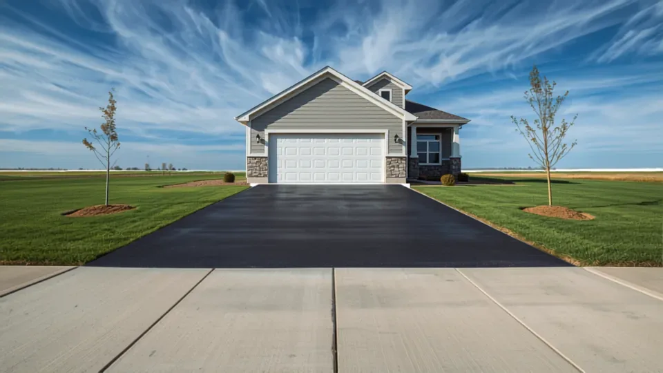 Newly paved asphalt driveway at a recently built home in a new subdivision