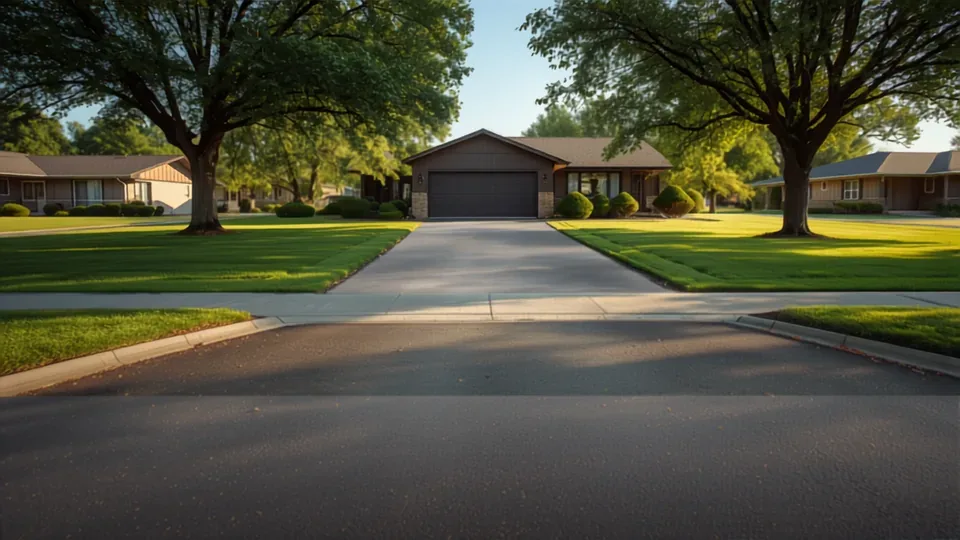 Driveway leading to an attached garage at a mid-century ranch home